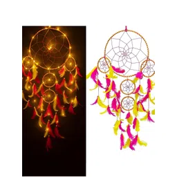 DULI Pink & Yellow Textured With Lights Dream Catcher Wall Hanging-picture-26