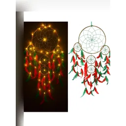 DULI Red & Green Textured Dream Catcher Wall Hanging With Lights-picture-29