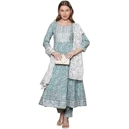 dummy shape Dress for Woman | Sea Green Printed Anarkali Kurta Set with Pant & Chiffon Dupatta in Cotton-picture-25