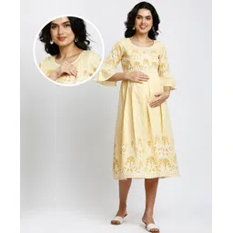 Dummy Shape Three Fourth Bell Sleeves Floral Printed Maternity Flared Kurta With Attached Belt & Concealed Zipper Nursing Access - Yellow-picture-11