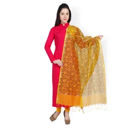 Dupatta Bazaar Mustard Yellow & Black Floral Block Print Chanderi Cotton Silk Dupatta-picture-23