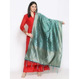 Dupatta Bazaar Teal & Gold-Toned Ethnic Motifs Woven Design Dupatta-picture-19