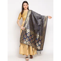 Dupatta Bazaar Women Navy Blue Woven Design Banarasi Silk Dupatta-picture-13