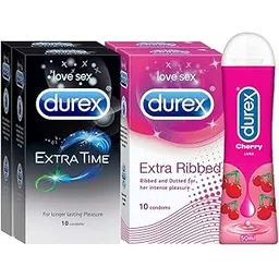 Durex Pleasure Packs (Condoms - 10 Count (Pack of 2, Extra Time), Condoms - 10 Count (Pack of 2, Extra Ribbed), Pleasure Gel - 50 ml (Cherry))-picture-13