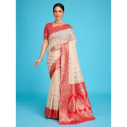 Durga Textile Cream and Red Linen Woven Banarasi Saree-picture-27