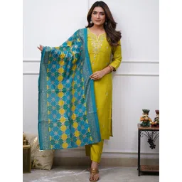 DWIJA FASHION Embroidered Notch Neck Thread Work Straight Kurta With Trousers & Dupatta-picture-13