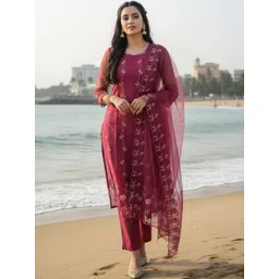 DWIJA FASHION Women Ethnic Motifs Embroidered Regular Thread Work Kurta with Trousers & With Dupatta-picture-22