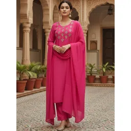 DWIJA FASHION Women Ethnic Motifs Embroidered Regular Thread Work Kurta with Trousers & With Dupatta-picture-17