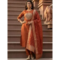 DWIJA FASHION Women Ethnic Motifs Embroidered Regular Thread Work Kurta with Trousers & With Dupatta-picture-26