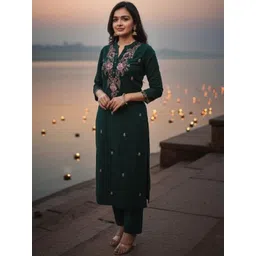 DWIJA FASHION Women Floral Embroidered Regular Thread Work Kurta with Trousers & With Dupatta-picture-23
