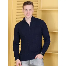 Dzant Men Woollen Cable Knit Mock Collar Full Sleeves Sweater Vest-picture-29