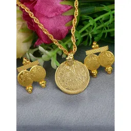 DZINETRENDZ Women Gold-Plated Brass Goddess Lakshmi Pendant With Matching Earrings Set-image-31