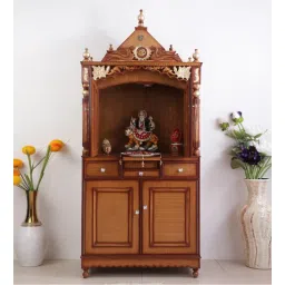 dzyn furnitures Pooja Graham Large Floor Rested Pooja Mandap with Door (Teak Gold)-picture-38