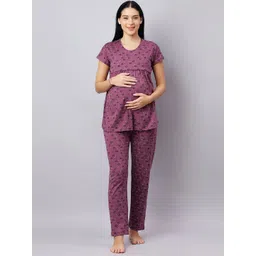 DZZO Women Printed Round Neck Maternity & Feeding Night Suit-picture-26