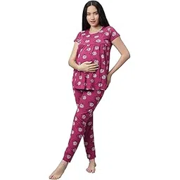 dzzo Women's Cotton Printed Maternity Night Suit | Comfortable Feeding Night Dress | Soft & Breathable Nursing Pajama Set-picture-19