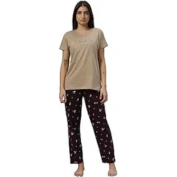 dzzo Women's Cotton Printed Night Suit Set of Shirt & Pyjama, Night wear Dress, Relaxed wear for Women/Girls, Size - S, Color - Cream-picture-49