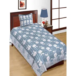 E ELMA Blue & White Floral Printed 144 TC Cotton Flat Bedsheet with 1 Pillow Cover-picture-19