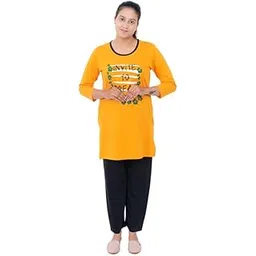 E-MAX Women’s Cotton Blend Night Suit Set | Round Neck Printed Top with Side Pocket & Pyjama | Summer Casual Sleepwear Set-picture-19