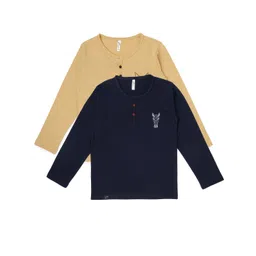 earth conscious Boys Pack Of 2 Beige & Navy Blue Henley Neck T-shirt-picture-56