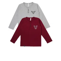 earth conscious Boys Pack Of 2 Grey Melange & Maroon Long Sleeves Henley Neck T-shirt-picture-27