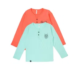 earth conscious Boys Pack Of 2 Sea Green & Orange Printed Henley Neck Cotton T-shirt-picture-19