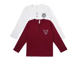 earth conscious Boys Pack Of 2 White & Brown Solid Long Sleeves Henley Neck T-shirt-picture-55