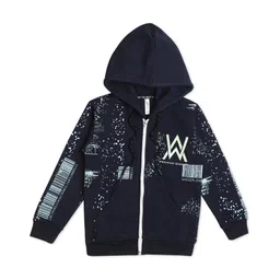 Earth Conscious Fleece Full Sleeves Abstract Printed Hooded Jacket - Navy Blue-picture-22