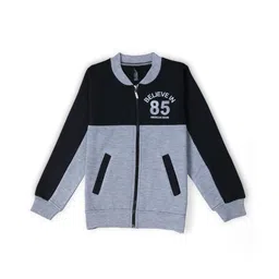 Earth Conscious Fleece Full Sleeves Colour Blocked & Believe Text Printed Zipper Jacket - Grey & Black-picture-32