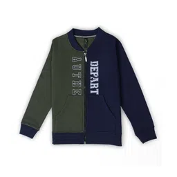 Earth Conscious Fleece Full Sleeves Colour Blocked & Depart Text Printed Zipper Jacket - Olive & Navy Blue-picture-24