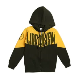 Earth Conscious Fleece Full Sleeves Colour Blocked & Text Printed Hooded Jacket - Golden Yellow &Olive Green-picture-21