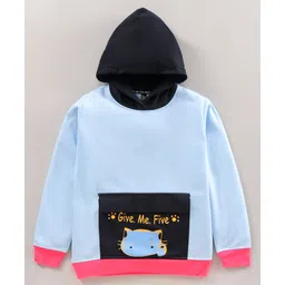 Earth Conscious Fleece Full Sleeves Kitten Printed Hooded Sweatshirt - Sky Blue Black-picture-13