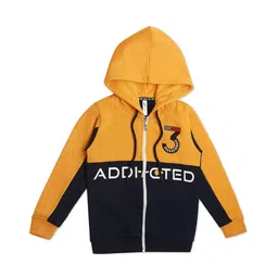 Earth Conscious Fleece Full Sleeves Placement Text & Colour Block Detailed Hooded Jacket -Yellow Navy Blue-picture-20