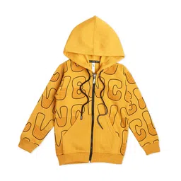 Earth Conscious Fleece Full Sleeves Text Printed Hooded Jacket - Golden Yellow-picture-17