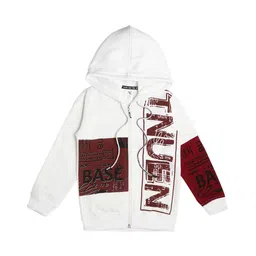 Earth Conscious Fleece Full Sleeves Typography Printed Hooded Jacket - White & Maroon-picture-16