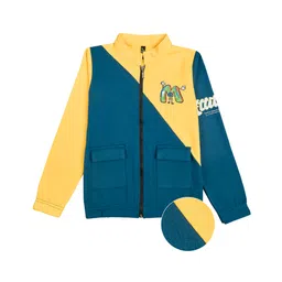 Earth Conscious Fleece Knit Full Sleeves Colour Blocked M Alphabet Printed Zipper Winter Jacket - Yellow & Olive Green-picture-35