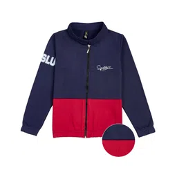 Earth Conscious Fleece Knit Full Sleeves Colour Blocked Typography Back Printed Zipper Winter Jacket - Navy Blue & Red-picture-37