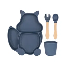 Earthism Silicone Suction Plate 4 Pc Dinner Set Clever Fox - Blue-picture-10