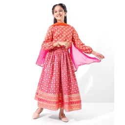 Earthy Touch 100% Cotton Knit Woven Full Sleeves  Floral Print Lehenga  Choli Set with Dupatta - Pink-picture-18