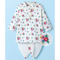 EARTHY TOUCH Cambric Woven Full Sleeves Dhoti & Kurta Set with Floral Print - White-picture-37