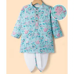 EARTHY TOUCH Cambric Woven Full Sleeves Kurta Dhoti Set With Floral Print - Light Blue-picture-26