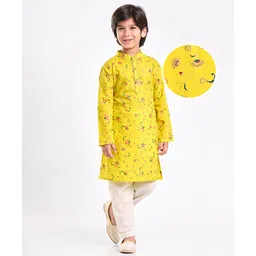 EARTHY TOUCH Cambric Woven Full Sleeves Pyjama Kurta Set with Floral Print and Lace Detailing - Yellow-image-23