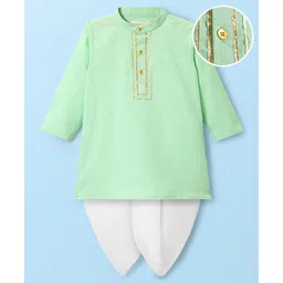 EARTHY TOUCH Cambric Woven Full Sleeves Solid Kurta Dhoti Set - Light Green-picture-13