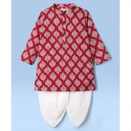 EARTHY TOUCH Cambric Woven Mandarin Collar Full Sleeves Kurta Dhoti Set With Floral Print - Red-picture-30