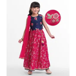 EARTHY TOUCH Chanderi Woven Sleeveless Lehenga Choli & Dupatta Set With Floral Embroidery & Tassel Detailing - Pink-image-38