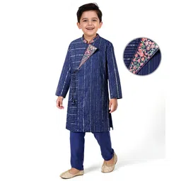 EARTHY TOUCH Cotton Lurex Woven Full Sleeves Kurta Pyjama Set with Foil Print & Floral Embroidery - Navy Blue-picture-29