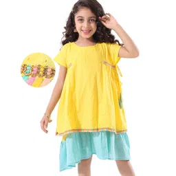 Earthy Touch Cotton Lurex Woven Half Sleeves Ethnic Dresses - Lime Green-image-36