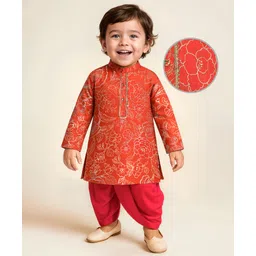 EARTHY TOUCH Cotton Woven Full Sleeves Dhoti Kurta Set With Floral Print - Orange-picture-19