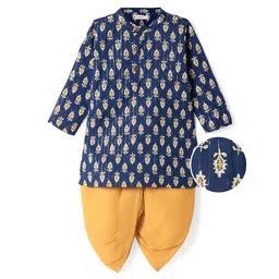 Earthy Touch Cotton Woven Full Sleeves Floral Printed Kurta Dhoti Set - Indigo image 2