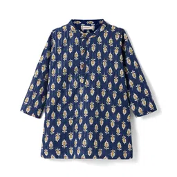 Earthy Touch Cotton Woven Full Sleeves Floral Printed Kurta Dhoti Set - Indigo image 3