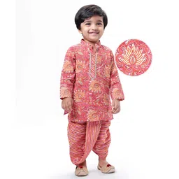 EARTHY TOUCH Cotton Woven Full Sleeves Floral Printed Kurta Dhoti Set - Red-picture-10